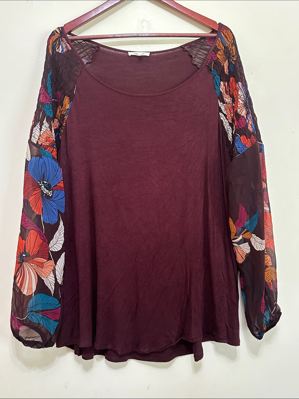 Women’s Floral Sleeve Burgundy Blouse